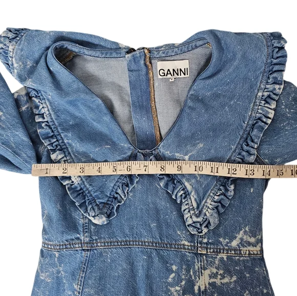Ganni Net Sustain Ruffled Bleached Organic Denim Mini Dress Size 32 US 0 - Picture 6 of 8